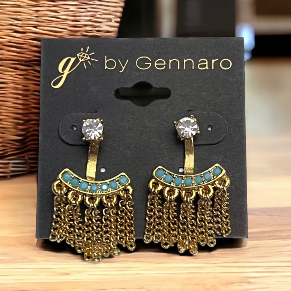 Gennaro Metal Fringe Earrings Faux Turquoise and Goldtone Posts